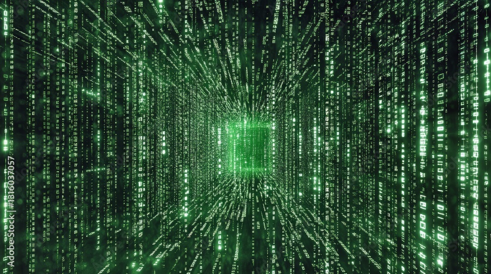Poster immerse in a vibrant green digital tunnel, showcasing flowing code and binary sequences. this futuri