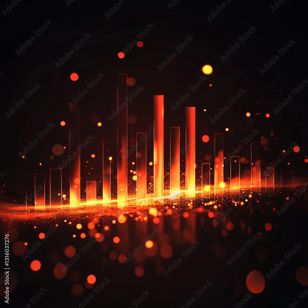 Poster futuristic digital data visualization with glowing orange bars and dynamic effects