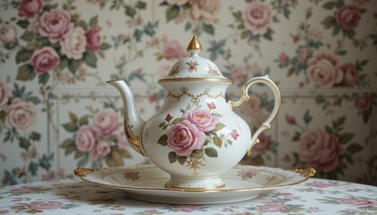 Elegant Porcelain Teapot with Roses on a Floral Table Setting