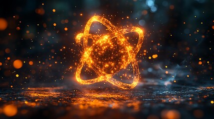 Hyper-detailed glowing golden atom with rich light accents and motion effects