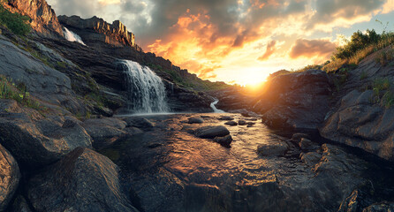 Fototapeta premium Panoramic View of Basalt Waterfall at Golden Hour, Award-Winning Photography