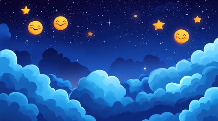 A whimsical night sky filled with smiling suns, stars, and fluffy clouds.
