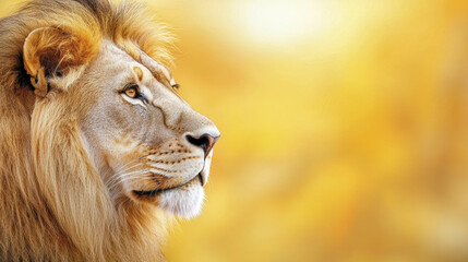 Obraz premium Majestic lion portrait with golden background, showcasing strength and beauty