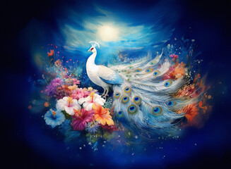Obraz premium A majestic white peacock displays its ornate tail amongst colorful flowers. A dreamy, dark blue background with a soft, bright light enhances the scene.