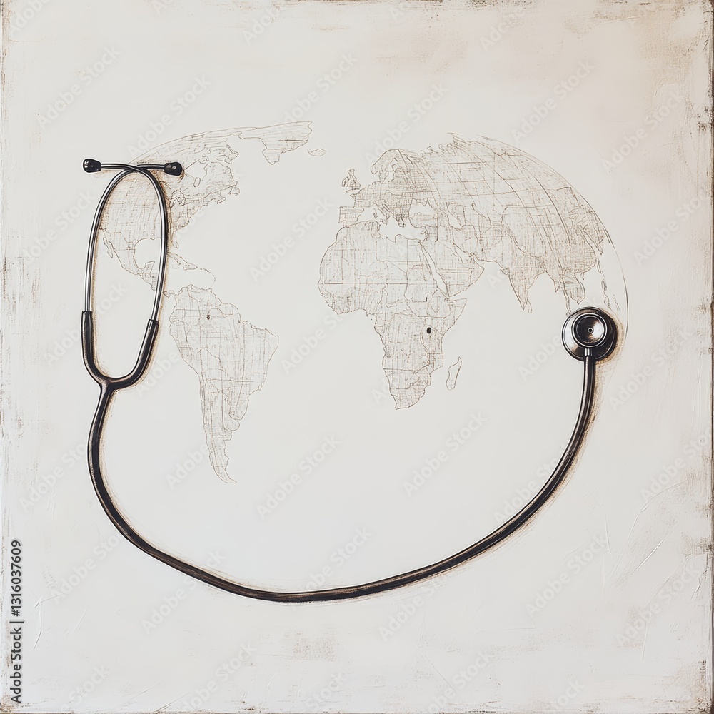 Poster a stethoscope is placed on a map of the world. the stethoscope is pointing to the top of the map