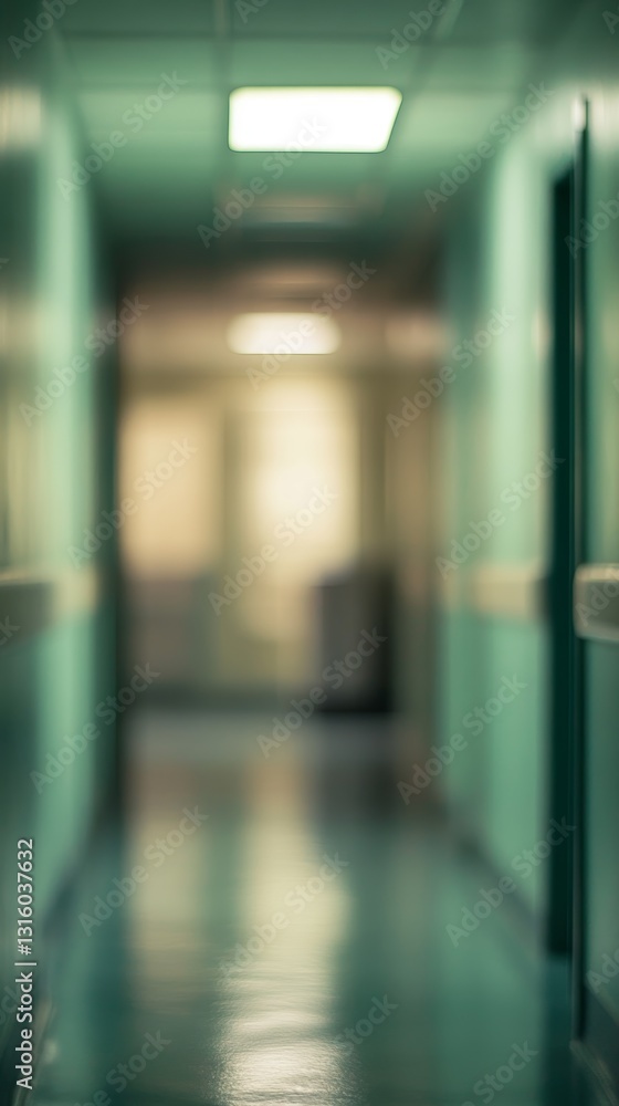 Poster a hallway with a green wall and a light shining on it. the hallway is empty and the light is creatin