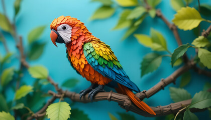 Obraz premium Stunning Paper Macaw: 3D Origami Bird Art on Branch