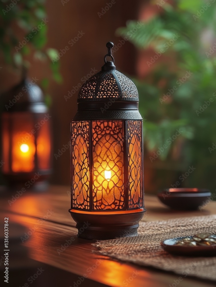 Poster warm glow of ornate lantern on wooden table creating a serene and inviting atmosphere with soft ligh