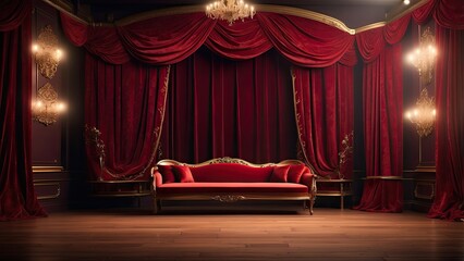 a dark stage with red curtains and lights and a wooden floor