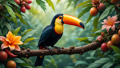 Obraz premium Vibrant Toucan in Lush Rainforest: Stunning High-Resolution Image