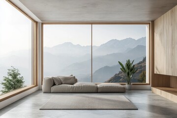 Serene Interior with Mountain View Modern Living Room with Minimalist Design and Breathtaking Mountain Vista Natural Light and Neutral Tones