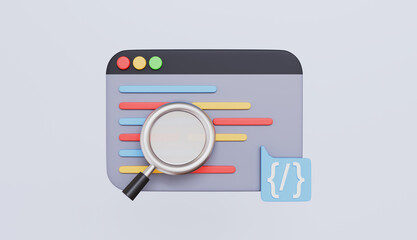 Browser with programming source code and magnifying glass, coding icon, coding screen, web development concept