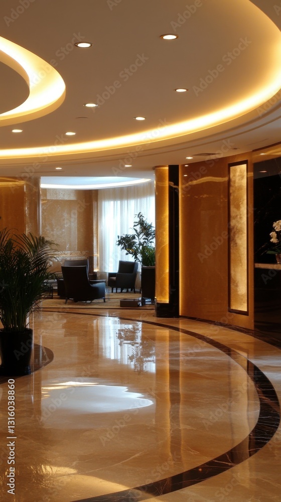 Poster elegant hotel lobby with marble floor and warm lighting creating a luxurious and inviting atmosphere