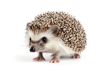 Fototapeta premium Hedgehog standing on tiptoes, appearing alert, isolated.
