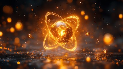 Dynamic golden atom digital art with neon lights and floating cosmic particles