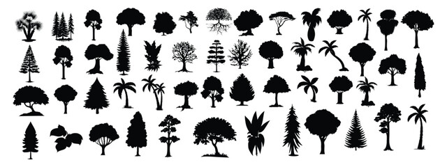 Naklejka premium set of silhouette clipart of a large oak tree, Big collection of tree silhouettes isolated
