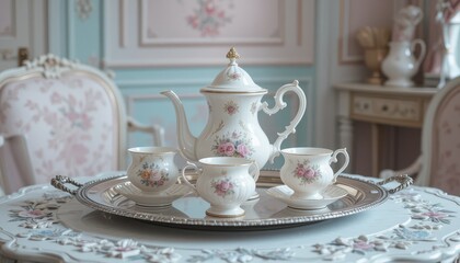 Elegant floral tea set on silver tray in a vintage room Pretty pink roses and delicate china