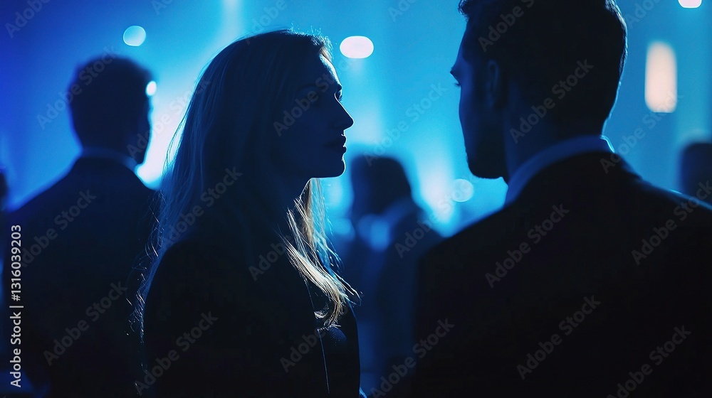 Poster professional networking interaction in soft blue lighting