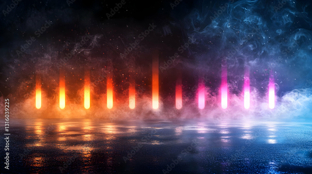 Poster vibrant neon lights illuminate a smoky stage with colorful reflections in a futuristic cyberpunk set