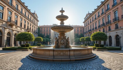 Fototapeta premium Elegant Fountain in a Classic European Courtyard Beautiful Architecture and Landscaping