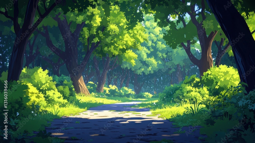 Poster serene forest path illuminated by sunlight filtering through lush green trees creating a tranquil an