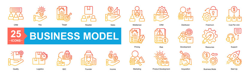 Business Model Icon Sheet Outline Gradient CRM, Quality, Pricing, Key, Target, Reseller, Sales, Middleman, CRM, Distributor, Freemium, Cost Per Unit, Logistics, B2C