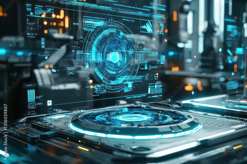 Poster ai-driven application management tools holographically in tech hub.