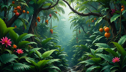 Fototapeta premium Lush Tropical Rainforest Path: Exotic Plants & Fruits