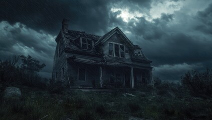 Obraz premium Abandoned farmhouse under stormy sky