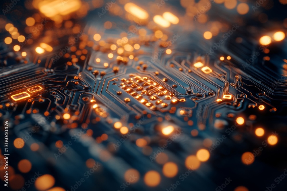 Poster close-up view of a circuit board with glowing elements and intricate microchip design