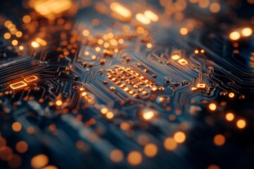 Close-Up View of a Circuit Board with Glowing Elements and Intricate Microchip Design