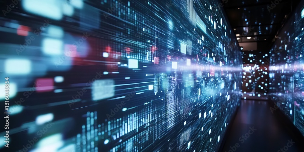Poster explore an abstract representation of digital data flow in a futuristic corridor. the visuals depict