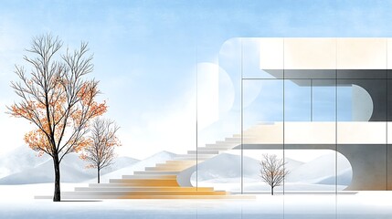 Modern architectural steps serene landscape digital art minimalist view contemporary design