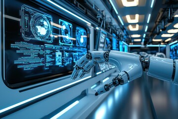 Obraz premium Holographic tutorials enhance robotic hand assembly skills.