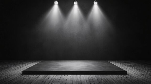 sleek matte black 3D podium, dramatic spotlight effect, professional studio setup, elegant monochrome style, high-end product showcase, clean background, no branding, no watermark