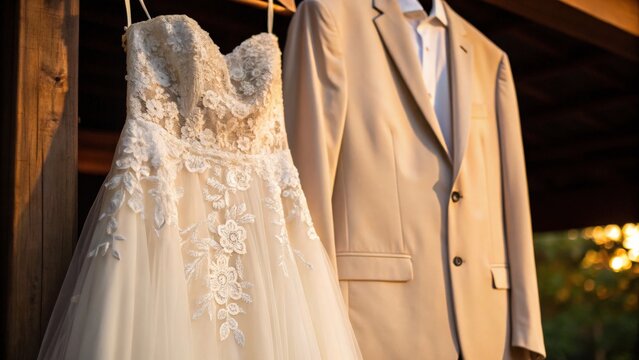 Elegant wedding dress and groom's suit hanging together outdoors.