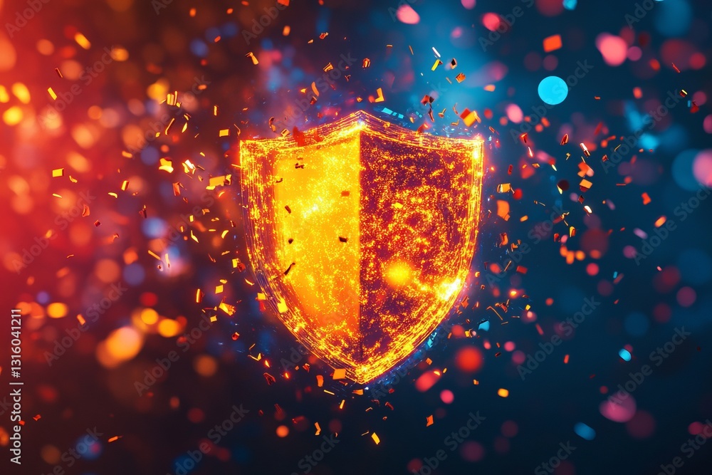 Poster dynamic animation featuring a bright shield with glowing sparks, set against a colorful background, 