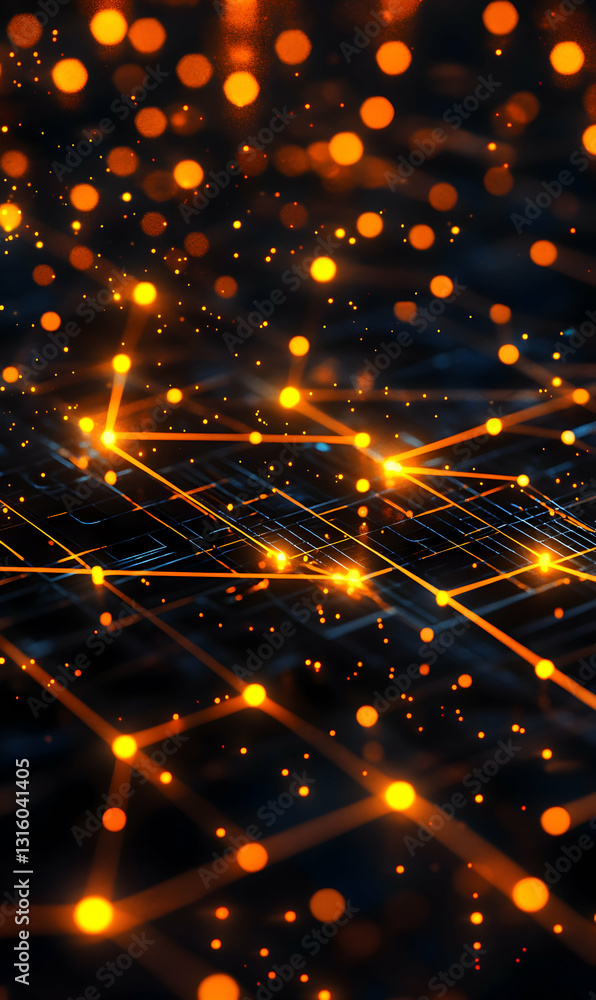 Poster futuristic network visualization with radiant connections and luminous node clusters, a captivating 