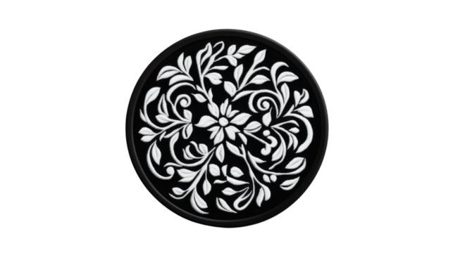black and white round embroidered patch mockup isolated on white background