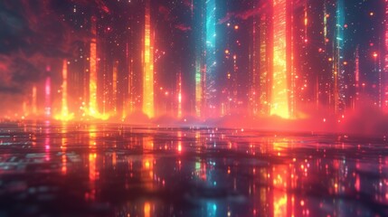 Futuristic Cityscape Bathed in Neon Lights at Twilight