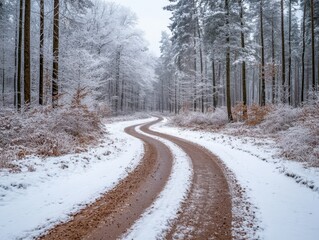 Obraz premium Serene winter landscape with winding path through snow covered forest trees and bushes after snowfall in cold weather with peaceful mood