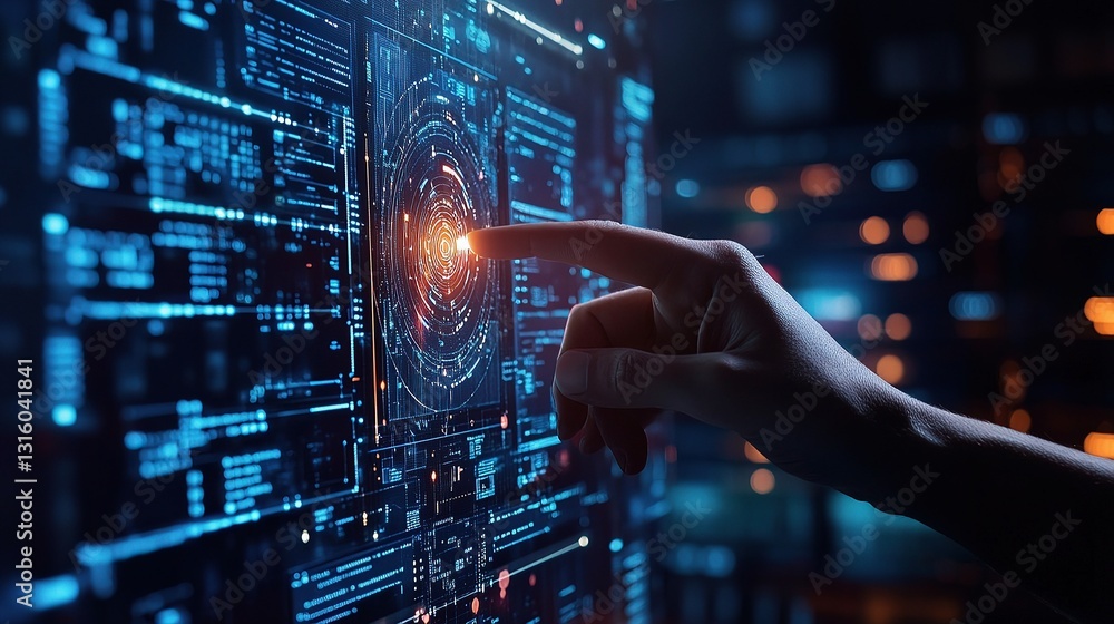 Poster businessman interacting with ai technology interface in modern setting