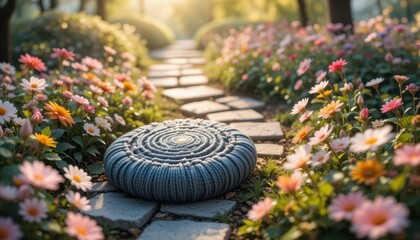 Fototapeta premium Serene Garden Path with Woven Cushion Sunlit Flowers Peaceful Tranquil Scene