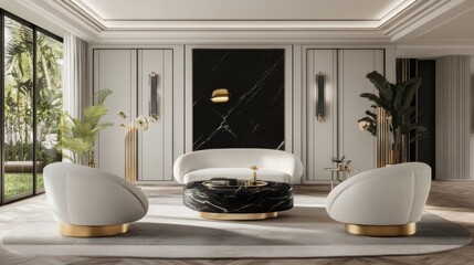 Modern Monochrome Elegance in Stylish Living Room with Artistic Decor