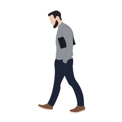 Man walking, carrying folder, white background, website use