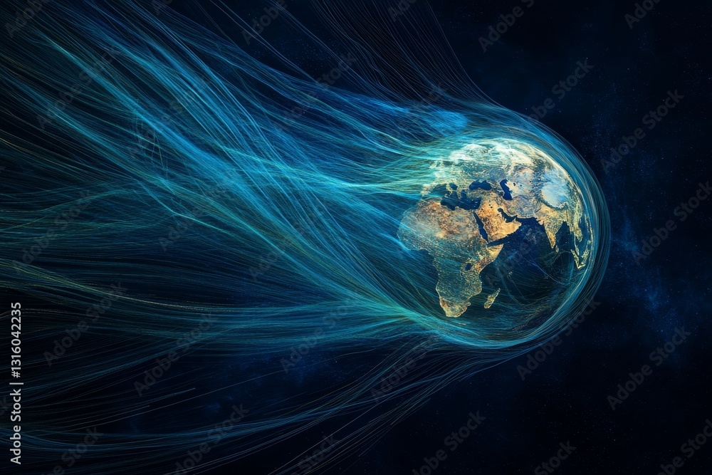 Poster this captivating image features an artistic representation of earth surrounded by luminous light tra