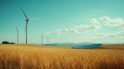 Solar panels and wind turbines in a field, symbolizing clean energy and sustainability.