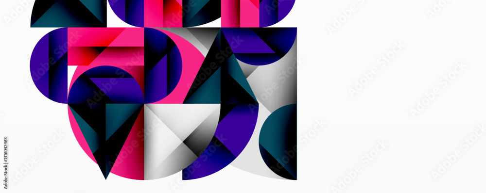 Poster Modern abstract composition with layered circles and angular segments featuring gradients, transparency effects, and a structured geometric layout