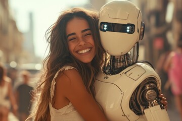 A young girl's affectionate hug for a robot highlights the deep bond between humans and their robotic childminders, which are designed to mimic human emotions and provide companionship