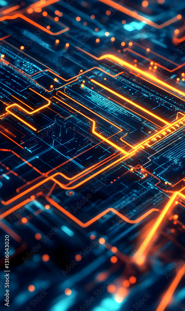 Poster abstract technology circuit board visualization with glowing lines and data points